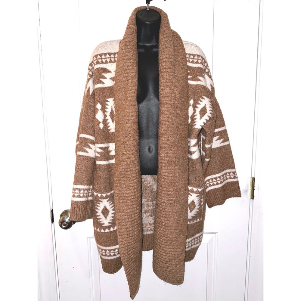 TAHARI brown & Ivory SOUTHWESTERN Open FRONT Long CARDIGAN Stretch SWEATER